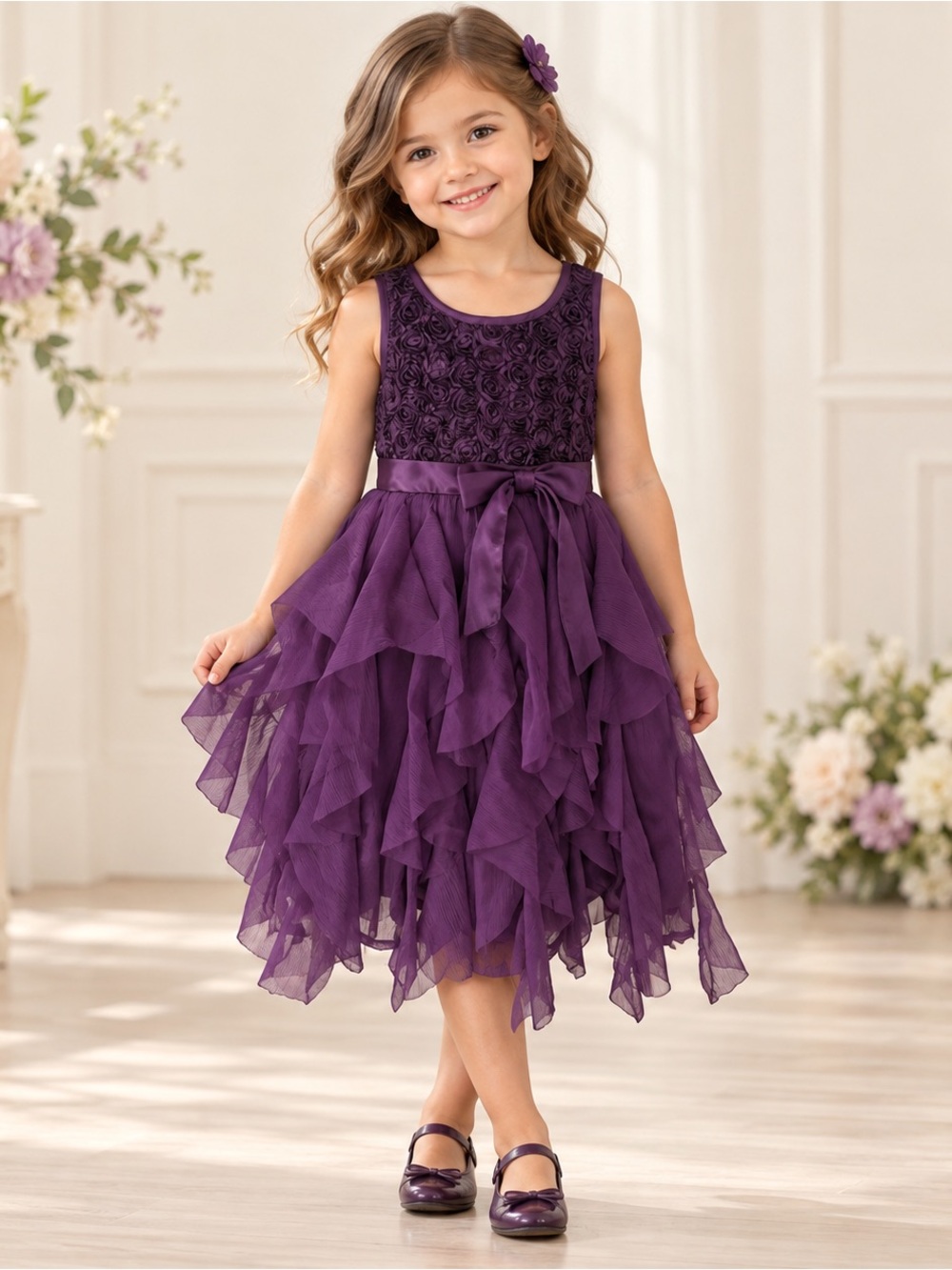 CRB Girls 5 Purple Rosette Layered Ruffle Party Dress NWT